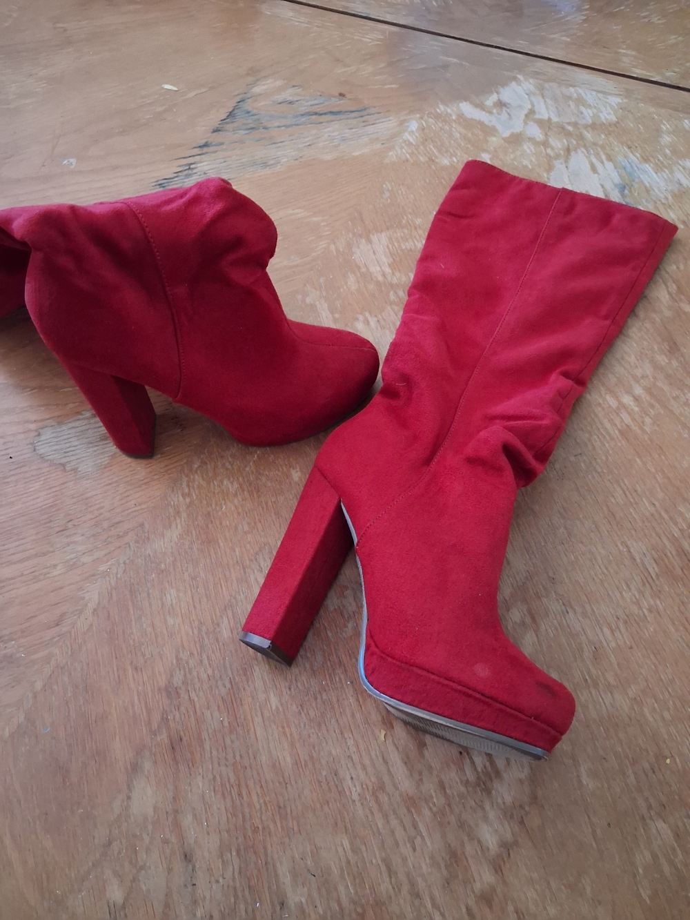 Michael Antonio Red Suede High Block Heel Knee Boots